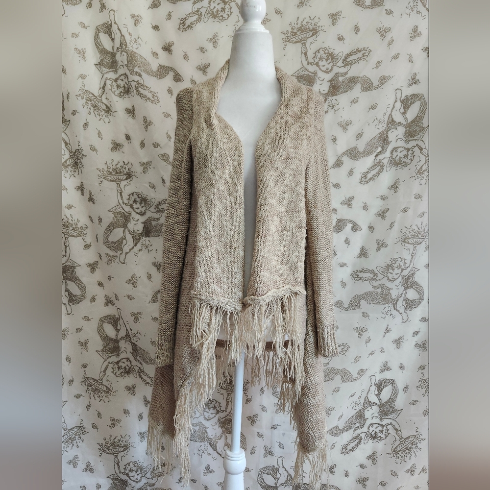 Mystree beige open front cardigan Boho Fringe sweater
